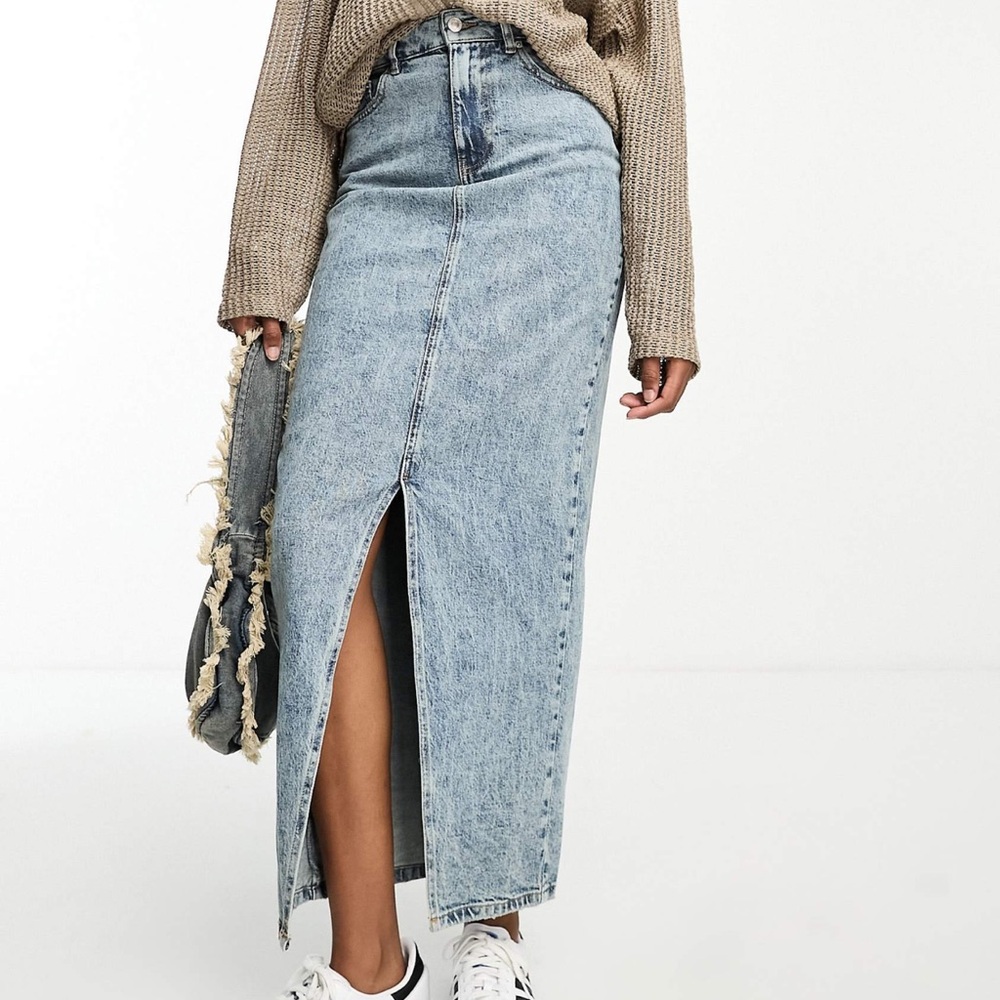 ASOS Design Tall Denim Midi Skirt with Split Hem in Midwash